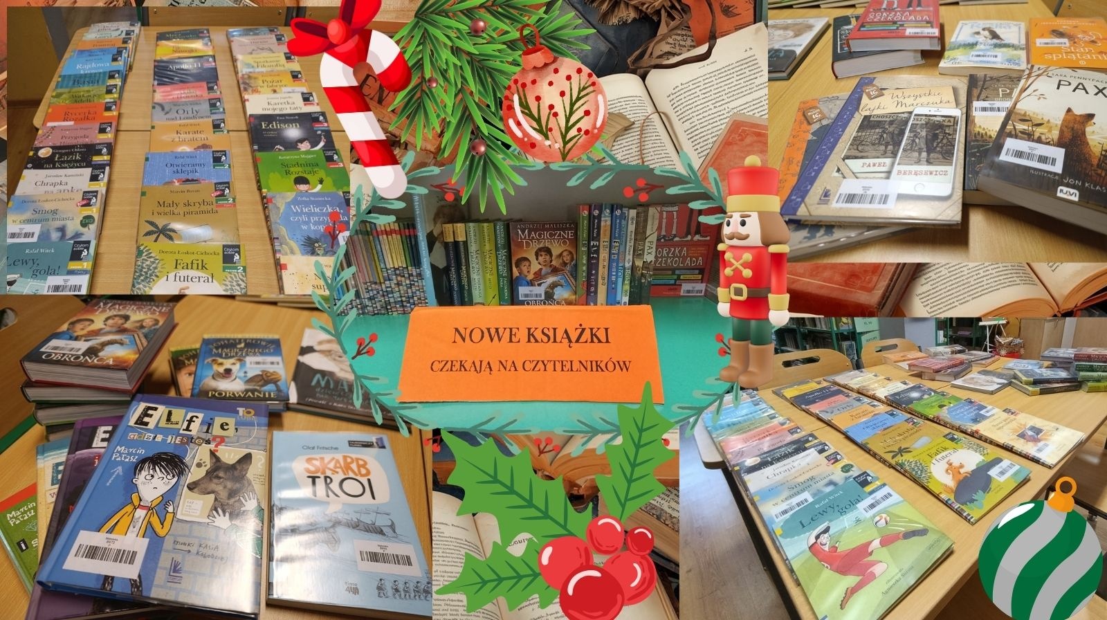 Na obrazku widać okładki nowo zakupionych książek do biblioteki szkolnej. Na środku znajduje się napis" "Nowe książki czekają na czytelników". Całość ozdobiona jest motywami kojarzonymi ze świętami Bożego Narodzenia (bombka, dziadek do orzechów, laska cukrowa, gałązka itp.). Odnośnik: //cloud-8.edupage.org/cloud/eduresized_Nowe_ksiazki_-_grudzien_2025.jpg?z%3ACs4jw0W9srjr6J2poFnQp72o2w88iRTXcc%2BkkCK4pEYM9d7RDwpsff9GHnJwG0qJiTM7x2Xmp%2BNPnPCtp7RqiQ%3D%3D