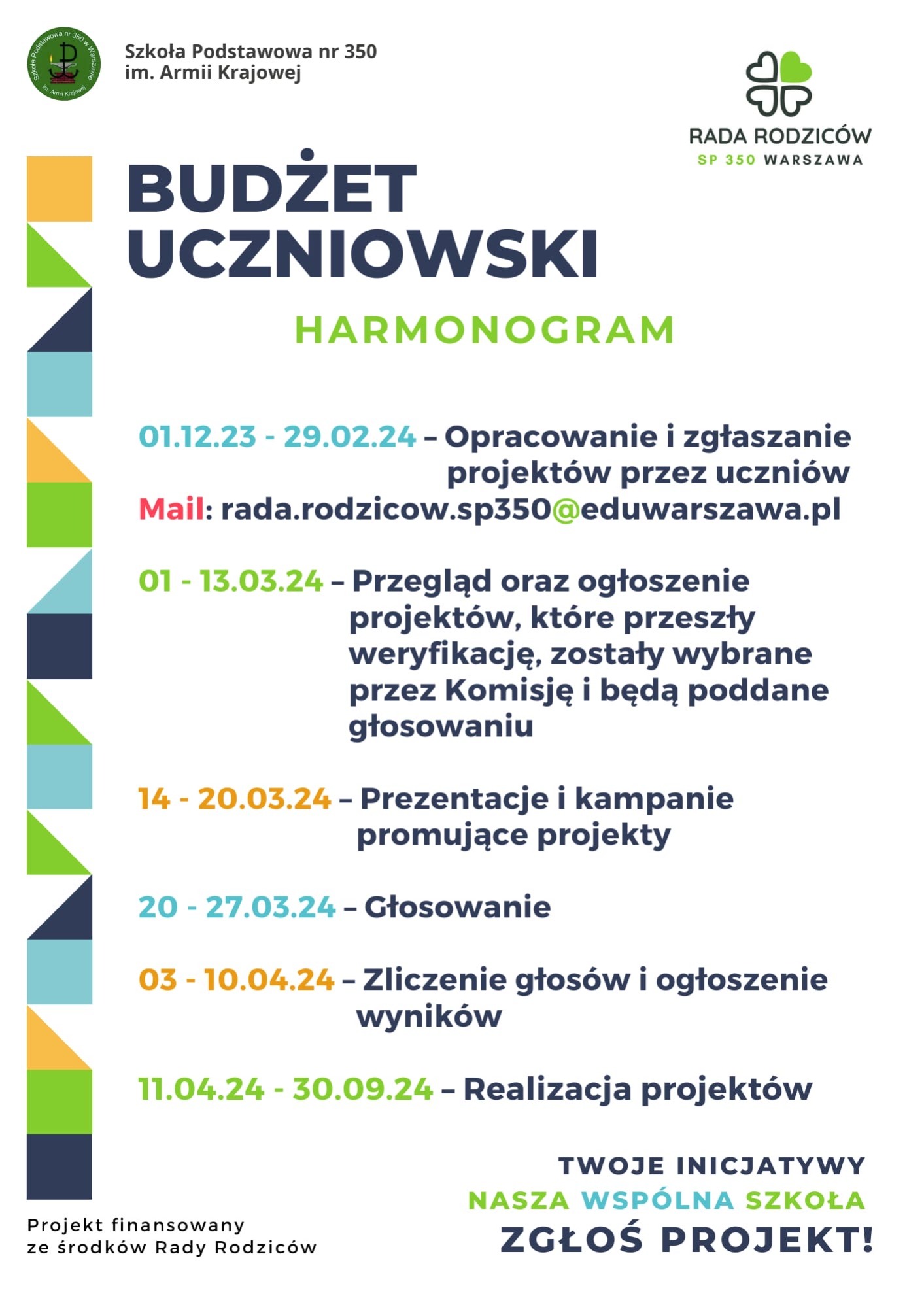 Plakat z harmonogramem Budżetu Uczniowskiego, poniżej jego treść w formacie tekstowym.