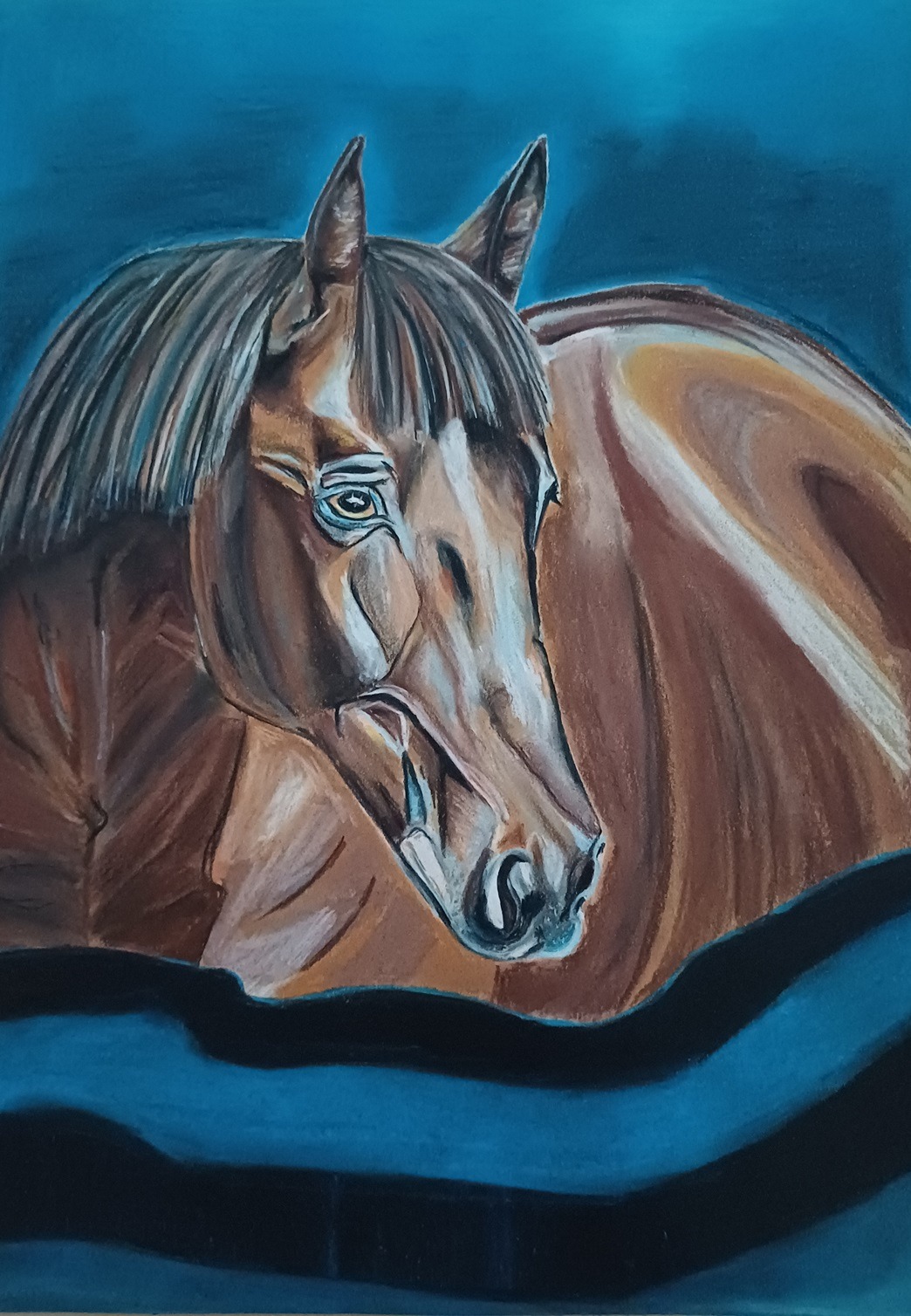 Praca plastyczna przedstawiająca konia wykonana pastelami.