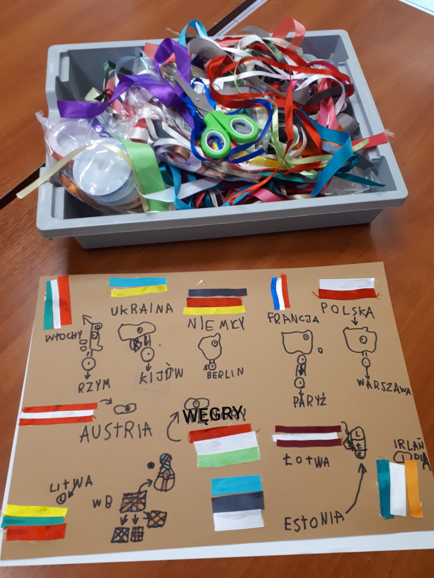  Praca plastyczna ucznia- flagi państw wykonane z kolorowych tasiemek.