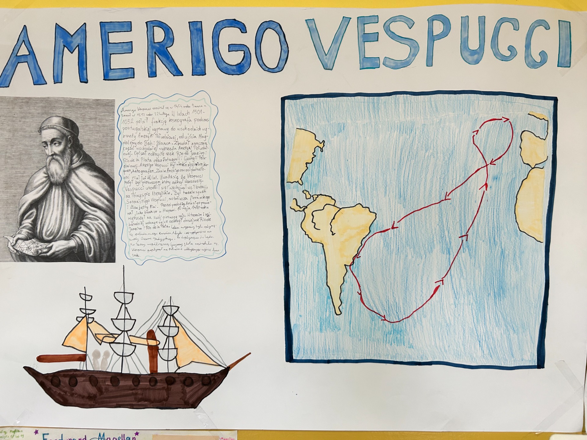 Projekt edukacyjny wykonany w grupach przez uczniów klasy V A. Projekt z przedmiotu geografia - Wielcy Odkrywcy - Amerigo Vespucci. 