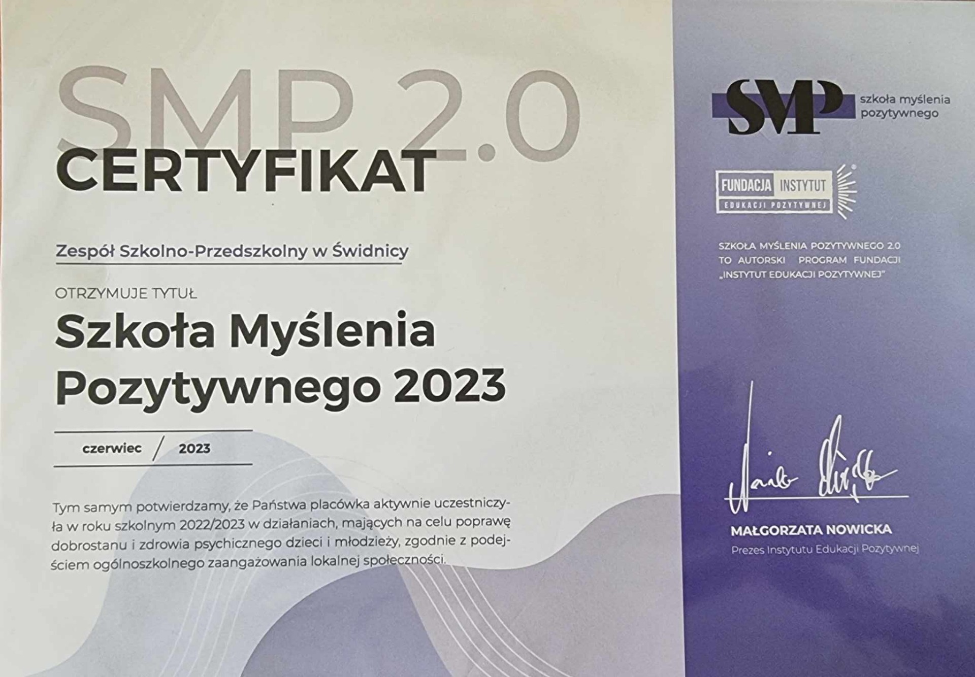 Zespół Szkolno-Przedszkolny w Świdnicy otrzymuje CERTYFIKAT "Szkoły Myślenia Pozytywnego 2023" - Obrazek 1