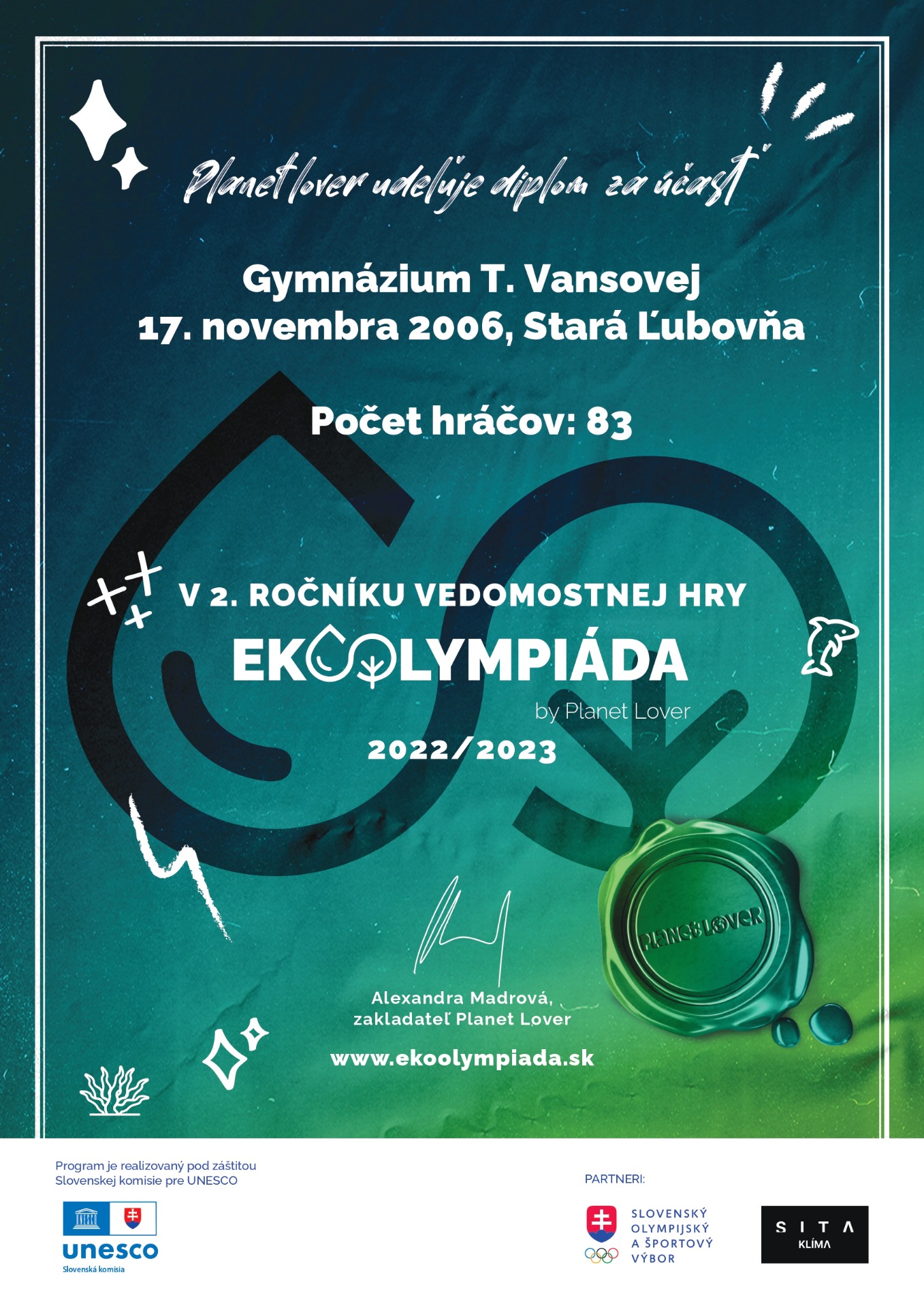 Diplom pre GTV za účasť v Ekoolympiáde - Obrázok 1