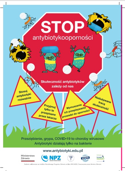 Plakat informacyjny dotyczący stosowania antybiotyków. 