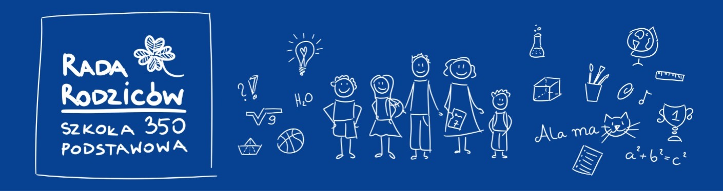 Ciemnoniebieski baner z białym napisem: Rada Rodziców, Szkoła Podstawowa 350 oraz ze schematycznymi postaciami dwojga dorosłych i trojga dzieci.