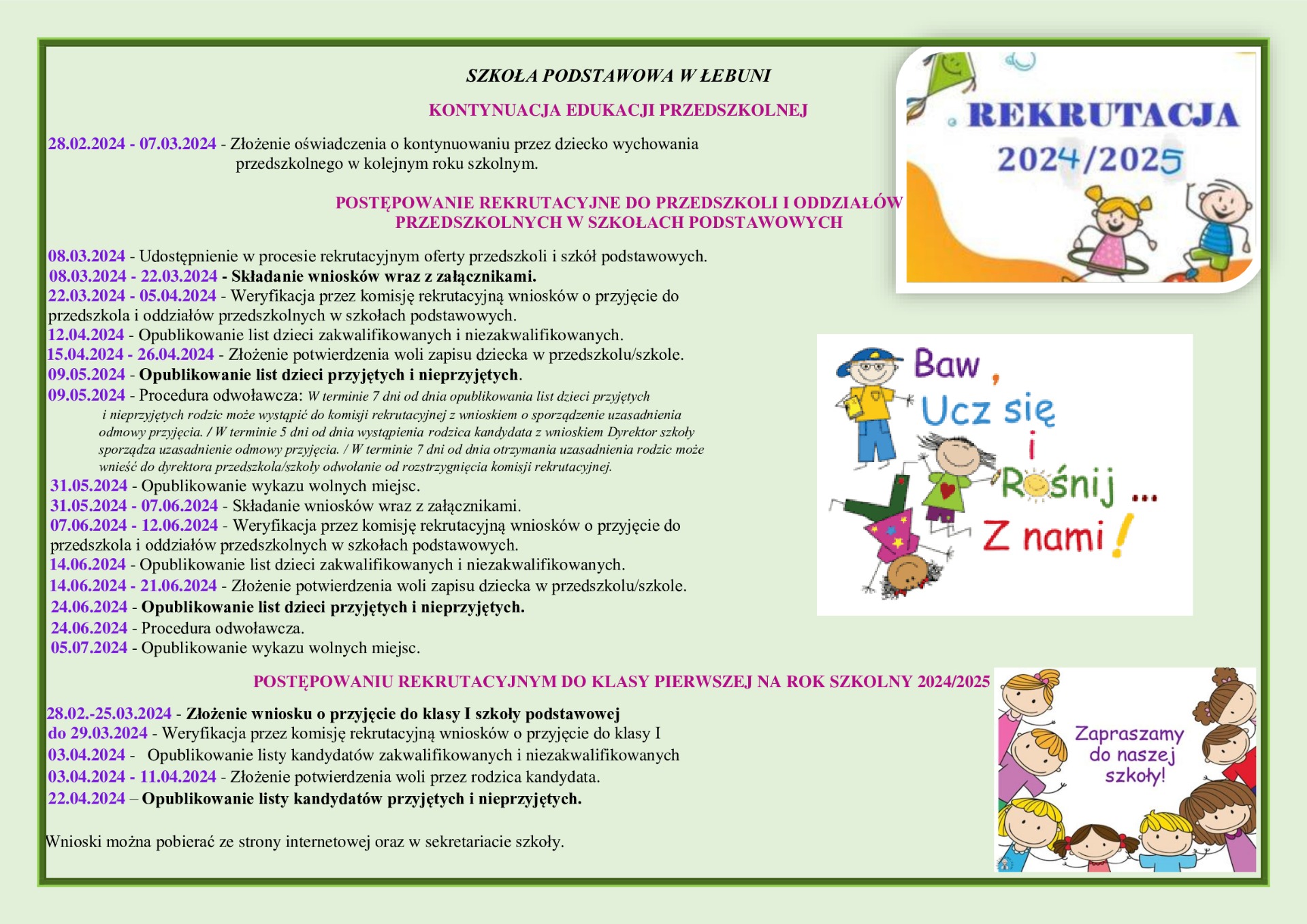 Rekrutacja do oddziału przedszkolnego i klasy pierwszej Szkoły Podstawowej w Łebuni na rok szkolny 2024/ 2025  - Obrazek 1
