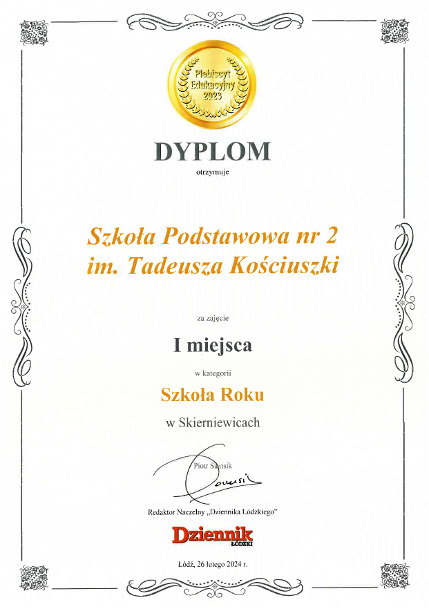 Dyplom - Szkoła Roku 2023 w mieście Skierniewice