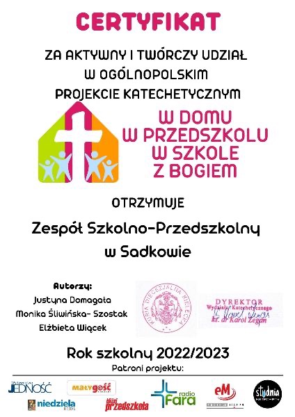 Certyfikat dla naszej szkoły za udział w projekcie katechetycznym - Obrazek 1