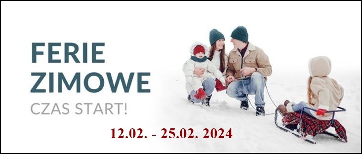 Plakat dotyczący ferii i data ferii oraz rodzina czteroosobowa na śniegu