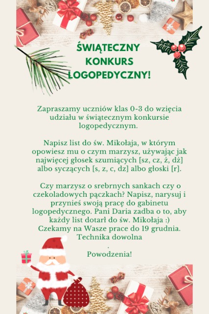 Plakat dotyczący zasad świątecznego konkursu logopedycznego.