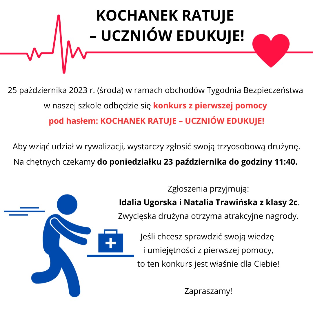 Plakat promujący konkurs z pierwszej pomocy "Kochanek ratuje - uczniów edukuje!"