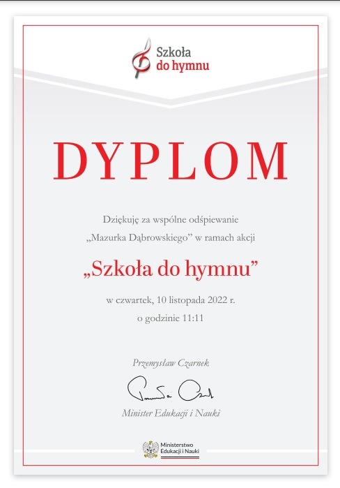 Dyplom "Szkoła do hymnu", listopad 2022