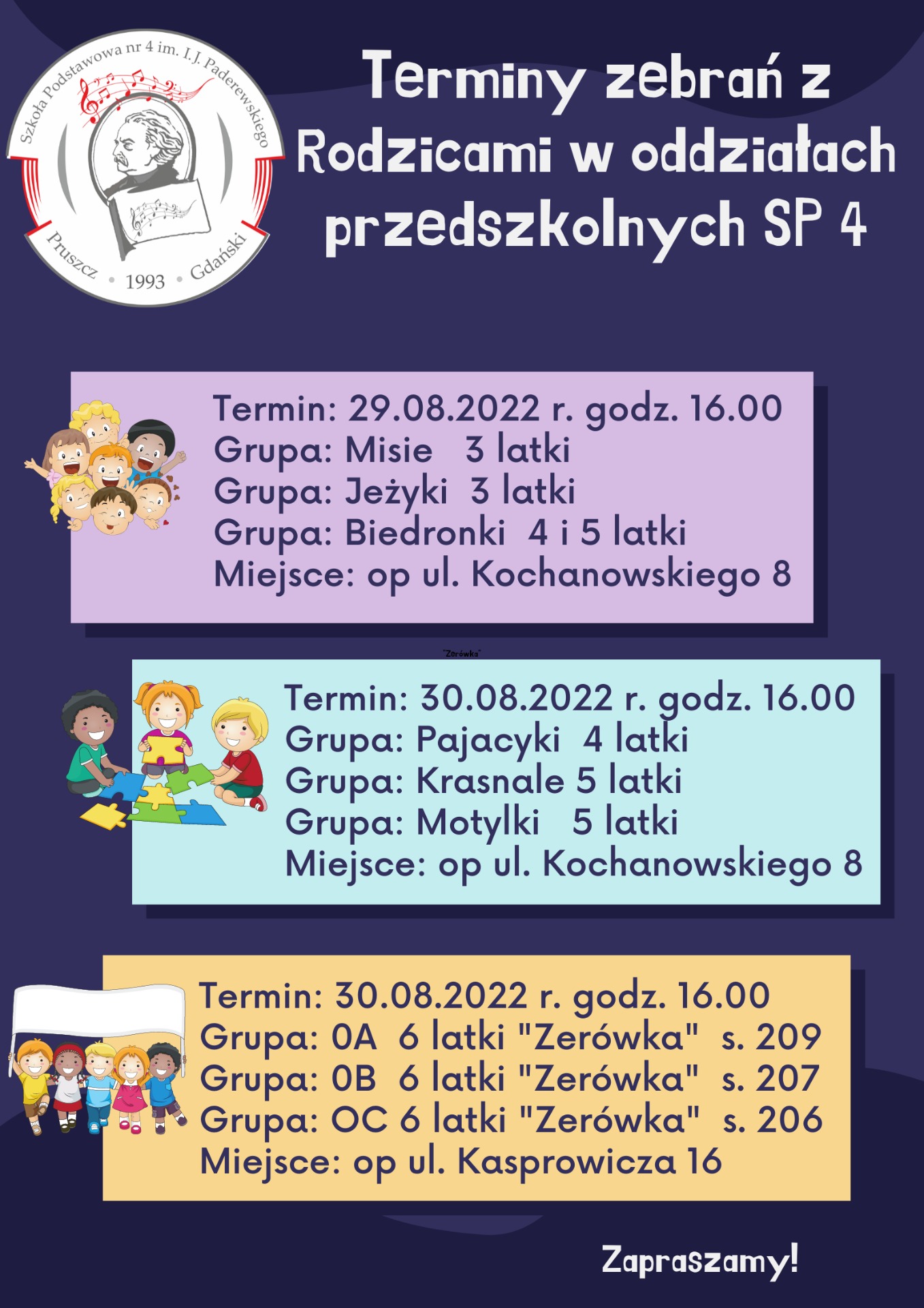 Terminy zebrań z Rodzicami w oddziałach przedszkolnych.  - Obrazek 1