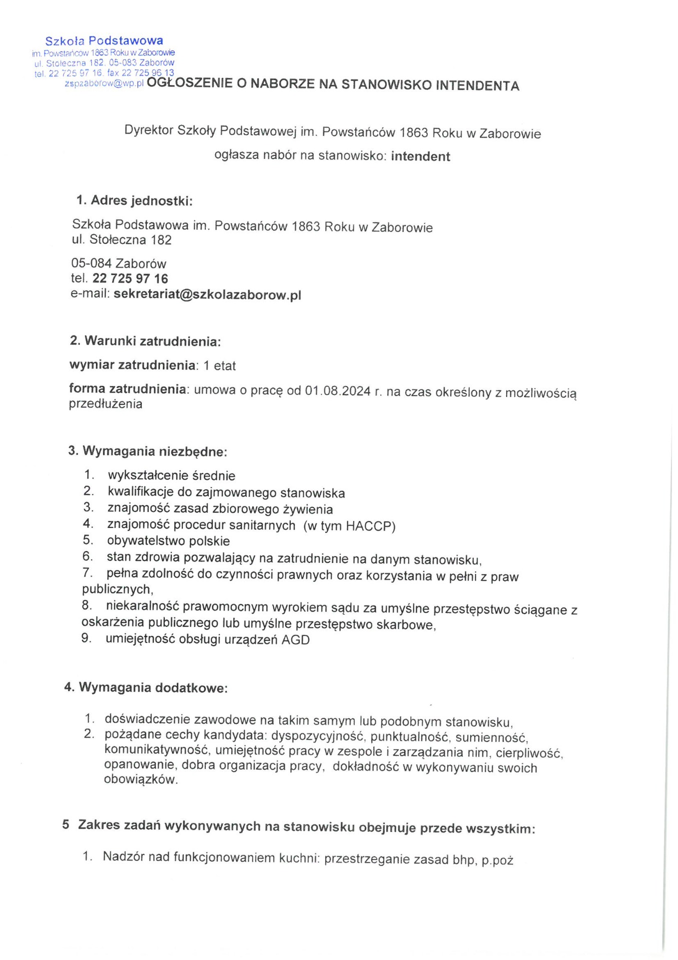 Oferta pracy na stanowisku intendent - Obrazek 1