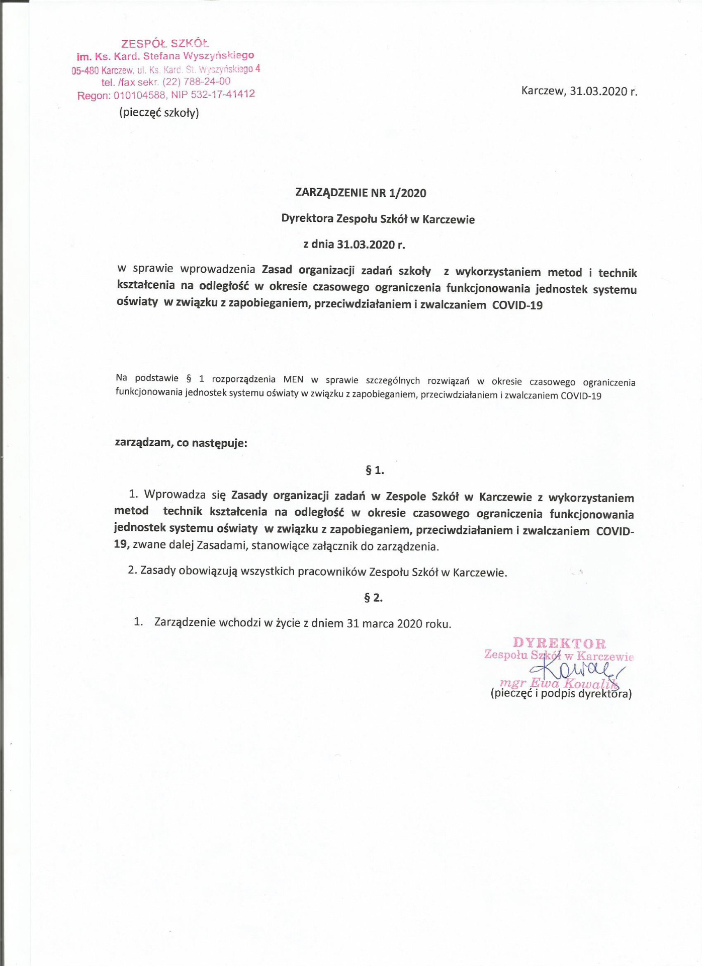Zarządzenie NR 1/2020 Dyrektora ZS w Karczewie - Obrazek 1