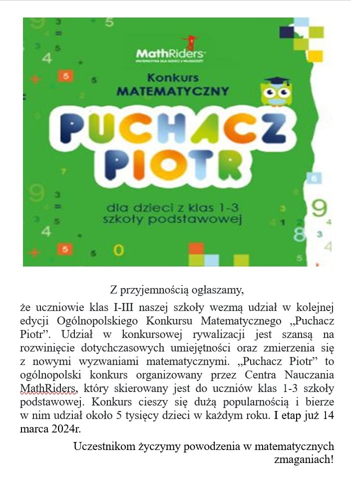 Puchacz Piotr - konkurs matematyczny dla uczniów klas I -III - Obrazek 2