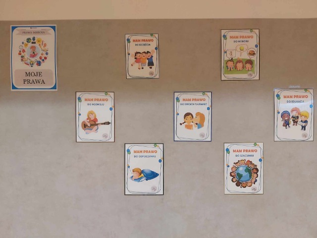 Na ścianie wisi 8 obrazków, przedstawiających prawa dziecka.