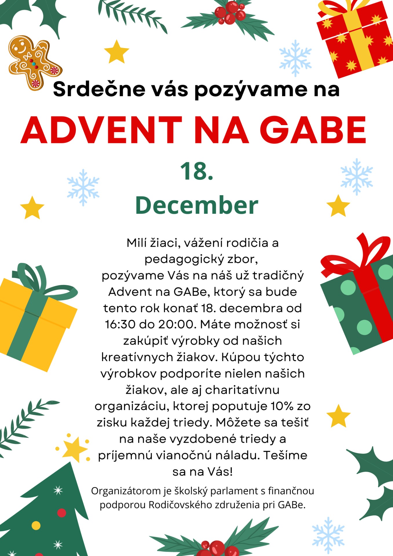 Plagát akcie Advent na GAB-e 18.12.2023. Informácie sú uvedené priamo v správe.
