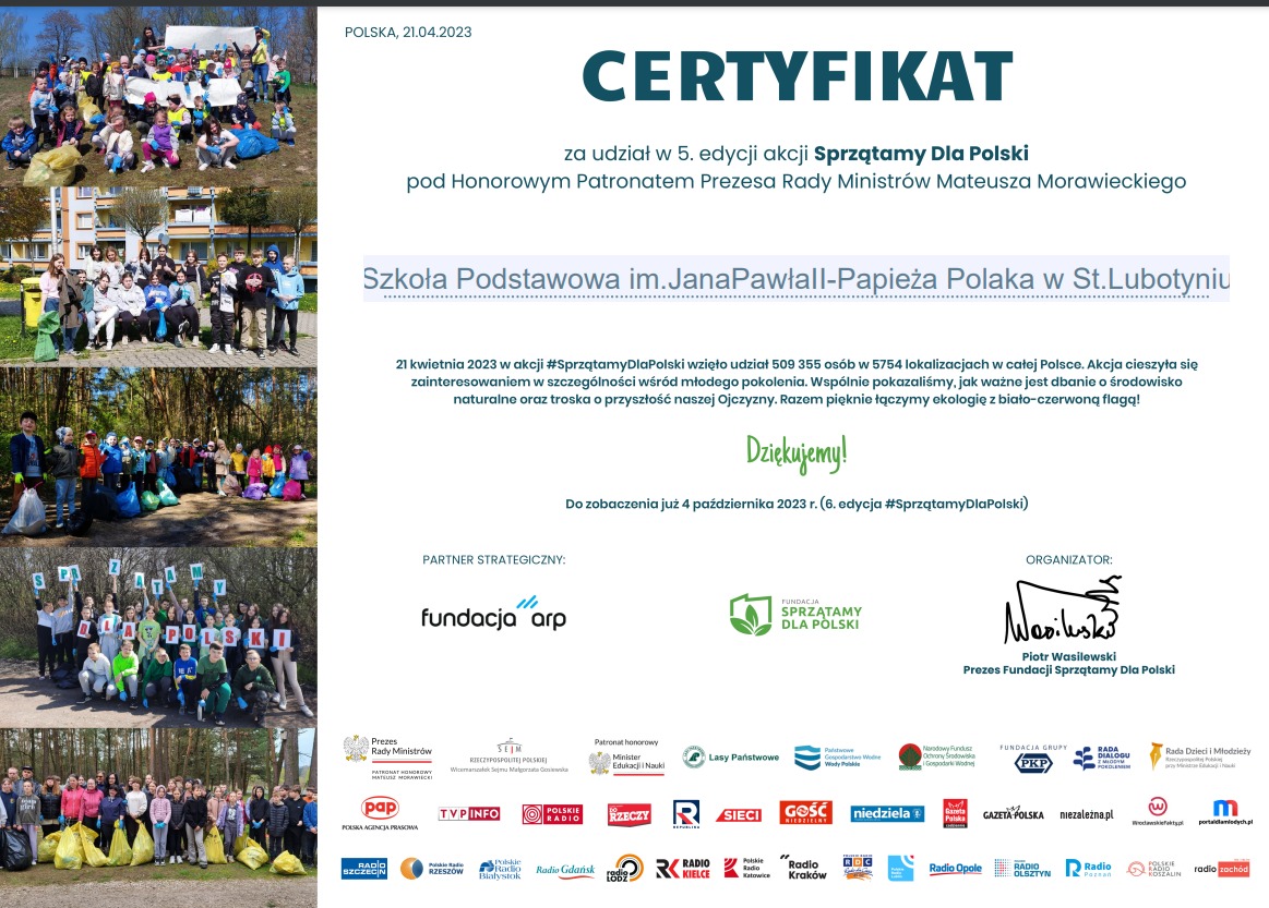 certyfikat za udział w akcji "Sprzątamy dla Polski"