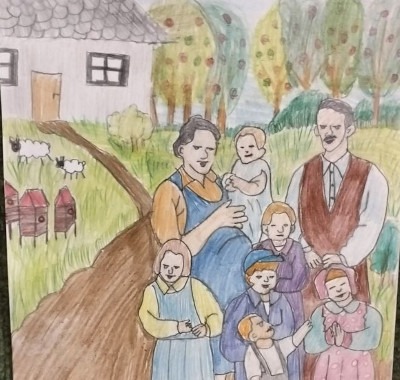 Praca plastyczna przedstawia rodzinę Ulmów przed ich domem