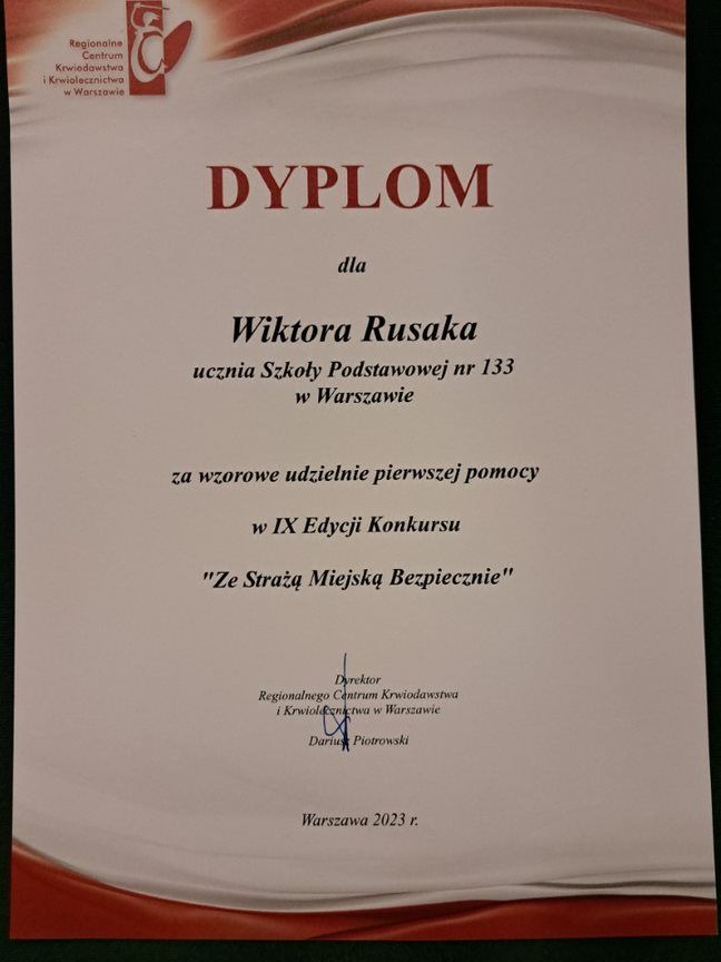 Dyplom dla Wiktora Rusaka za wzorowe udzielanie pierwszej pomocy